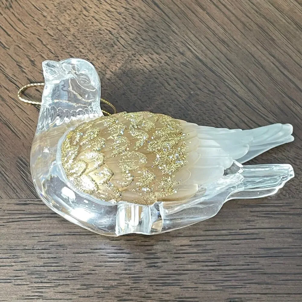 Vintage Acrylic Bird Ornament Christmas Dove String Light Cover w/ Gold Glitter